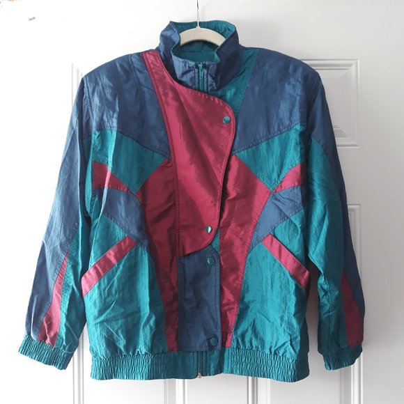 VTG 80s Sunterra Track Suit Set Jacket Pants Size Medium Petite Green Blue Red - Picture 2 of 9